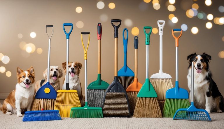 Four dogs are sitting on a carpet in front of colorful brooms, rakes, and a carpet rake, with a blurred background of round lights.
