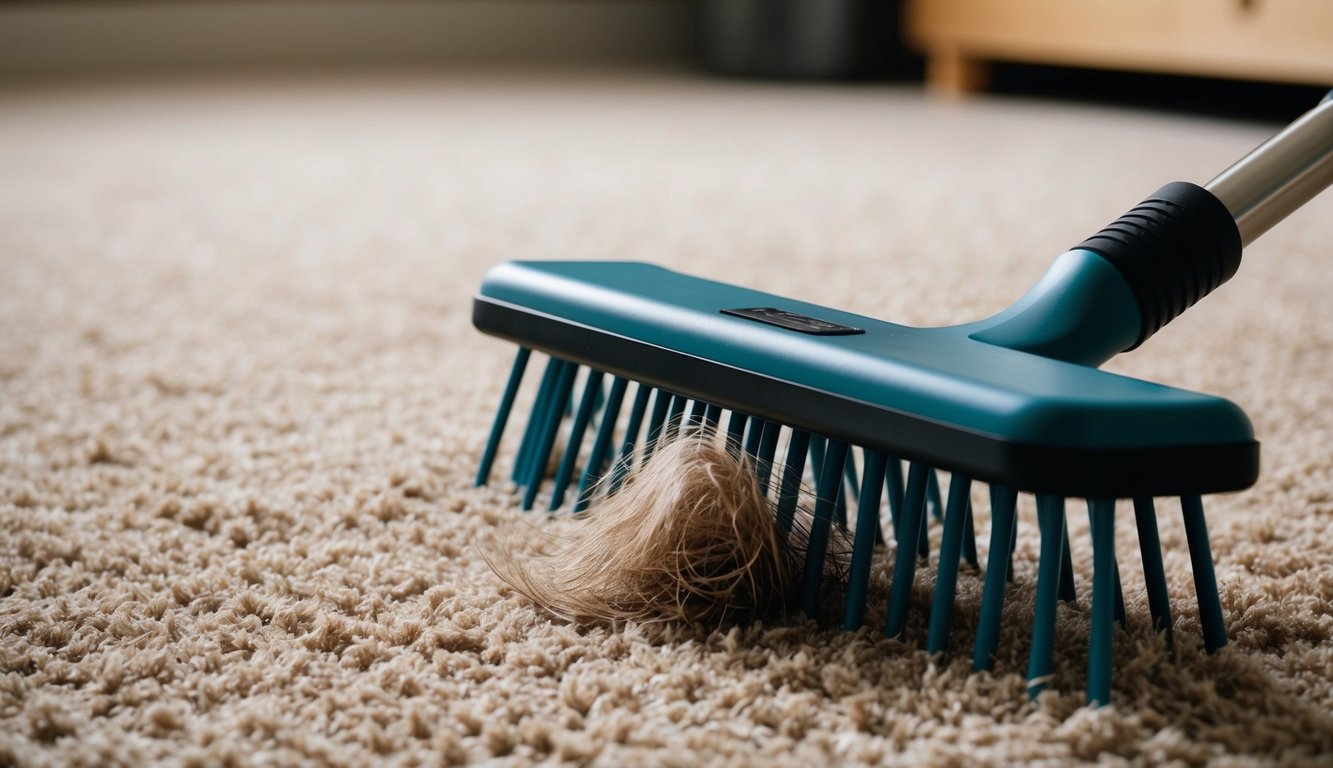 A carpet rake with long, flexible bristles glides over a thick carpet, lifting up clumps of pet hair and leaving the carpet looking clean and refreshed