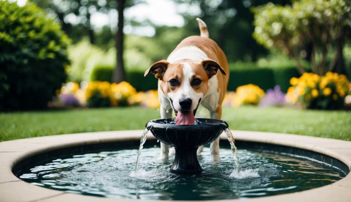 Brown and white dog enjoying a dog water fountain, standing in a round garden basin and drinking with its tongue out; colorful flowers and greenery bloom in the background.