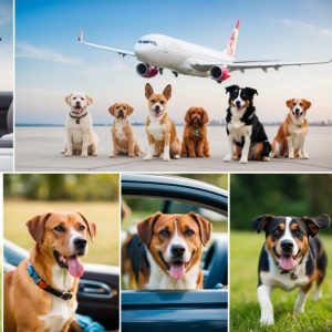 Collage of the best dog breeds for travel in car windows and sitting outdoors, with one image showing a group of dogs in front of a parked airplane on a runway.