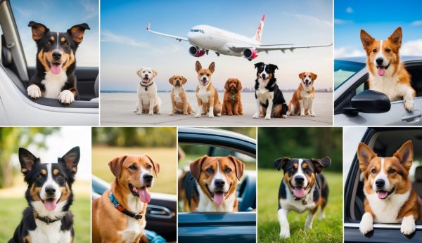 Collage of the best dog breeds for travel in car windows and sitting outdoors, with one image showing a group of dogs in front of a parked airplane on a runway.