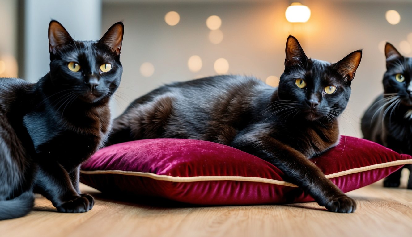 A sleek Bombay cat lounges on a velvet cushion, its glossy black fur catching the light. Surrounding it are other black cat breeds, each with their own unique features and personalities
