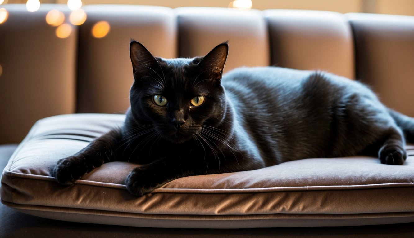 A sleek Black British Shorthair cat lounges on a velvet cushion, its glossy coat catching the light