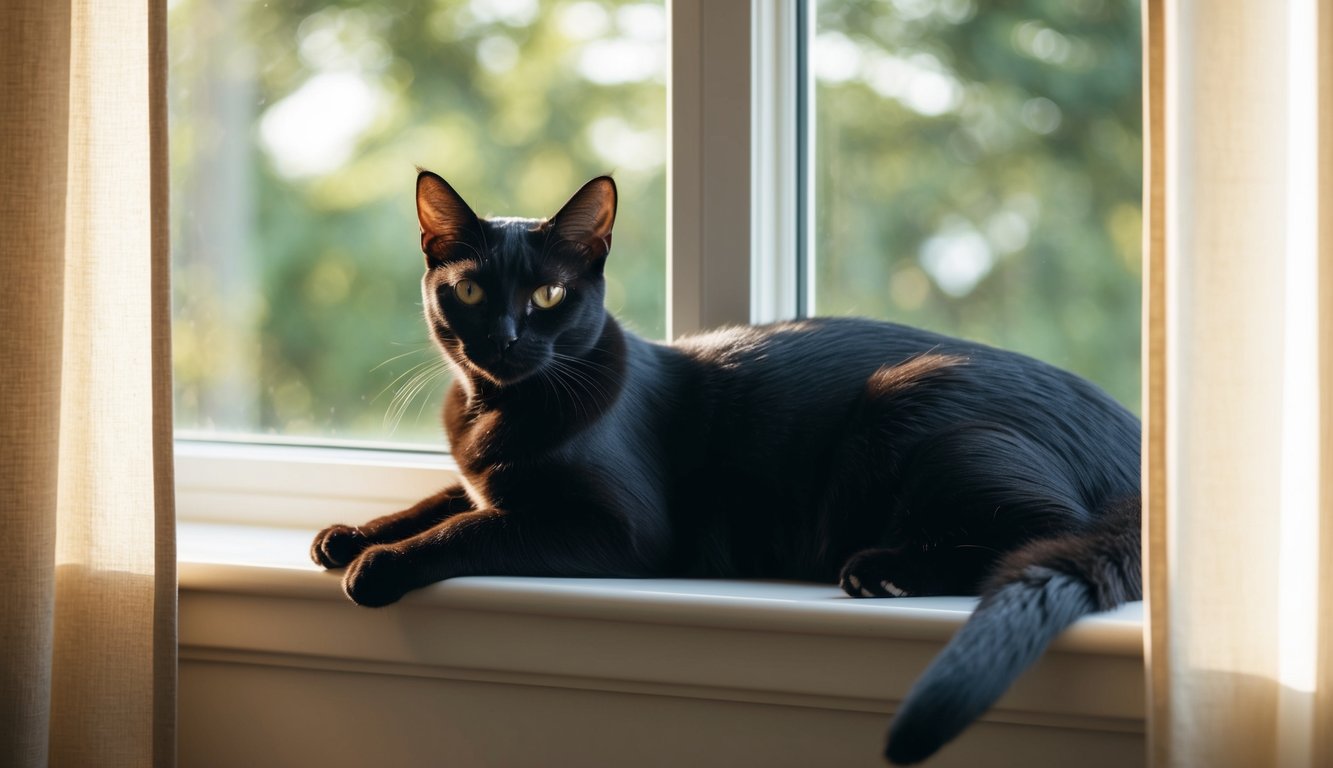 A sleek black American Shorthair cat lounges on a windowsill, framed by the soft glow of sunlight filtering through the curtains