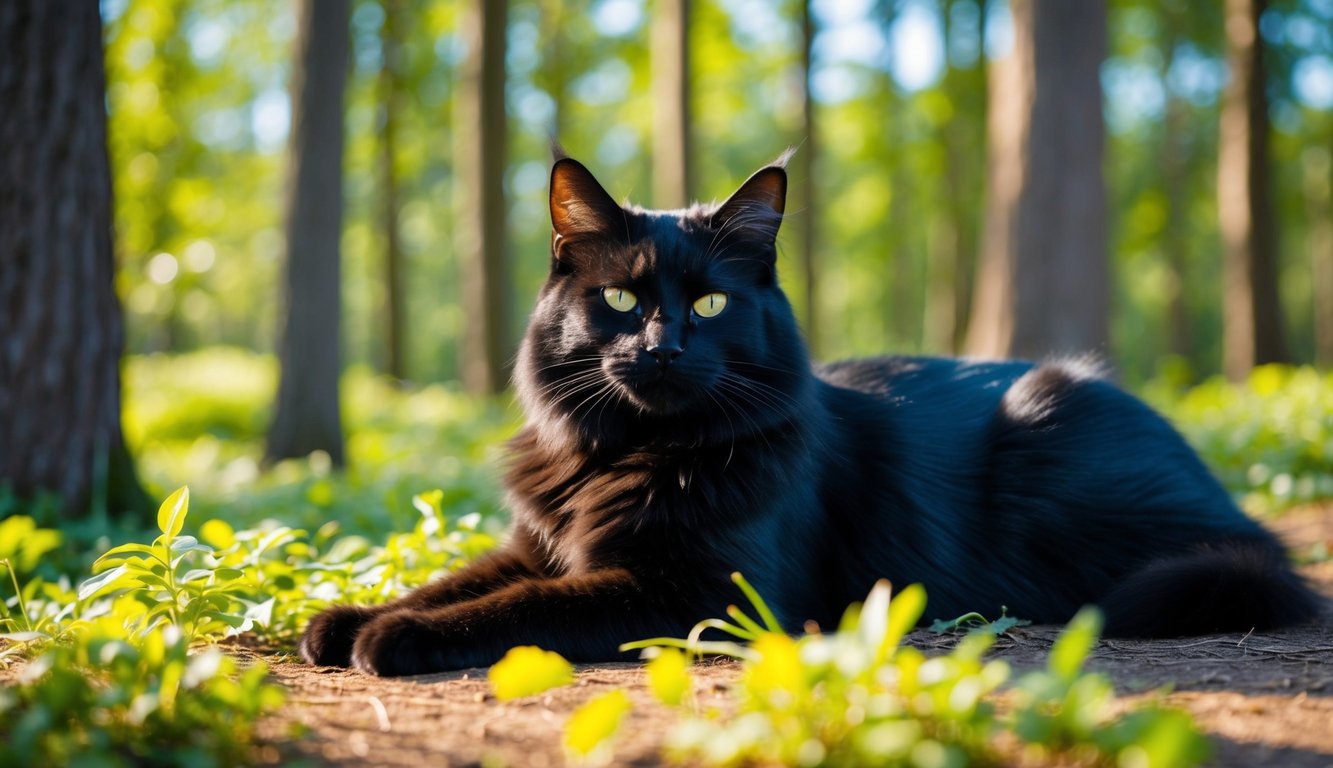 A majestic black Norwegian Forest Cat lounges in a sunlit forest, its sleek fur glistening in the dappled light