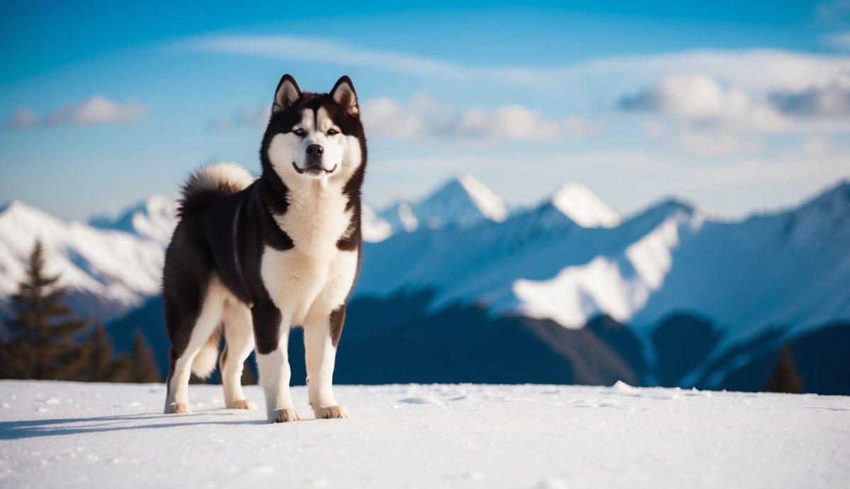 A black and white husky, one of the best dog breeds for cold weather, stands on snow with a backdrop of snow-covered mountain peaks under a blue sky.