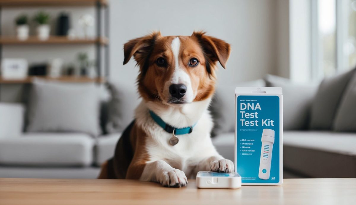 A dog sits on a table next to the best dog DNA test kit box and device in a cozy living room setting.