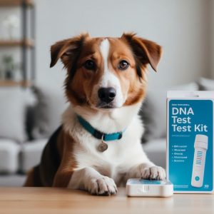 A dog sits on a table next to the best dog DNA test kit box and device in a cozy living room setting.
