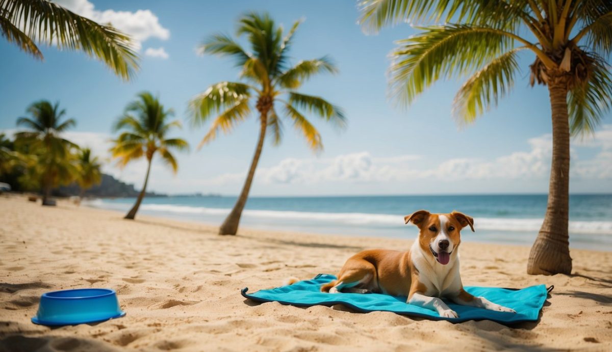 A dog from the best dog breeds for hot climate lies on a blue towel on a sandy beach with palm trees, a blue water bowl nearby, and the ocean in the background under a clear sky.