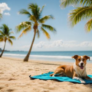 A dog from the best dog breeds for hot climate lies on a blue towel on a sandy beach with palm trees, a blue water bowl nearby, and the ocean in the background under a clear sky.
