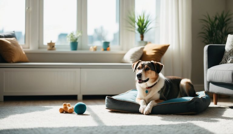 An independent dog breed lies on a pet bed in a sunlit living room with toys nearby, surrounded by plants and modern furniture.