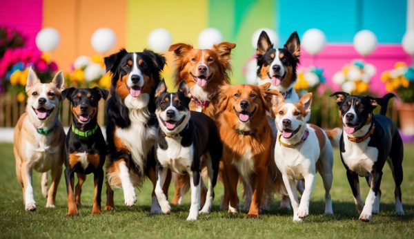 A group of nine dogs of various breeds and colors stands together on grass, each waiting to be called by their unique dog names, with a colorful, blurred background featuring flowers and decorations.