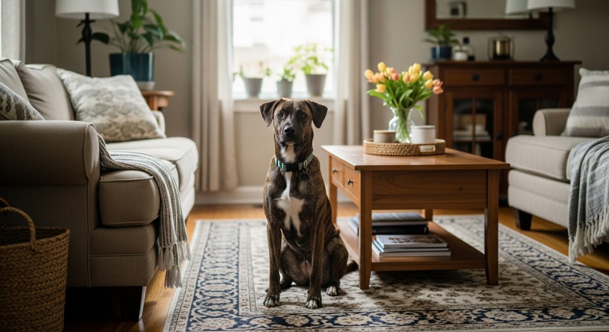 A brown cur dog with a white chest sits on a rug in a tidy living room with sofas, a wooden coffee table, and potted plants by the window.