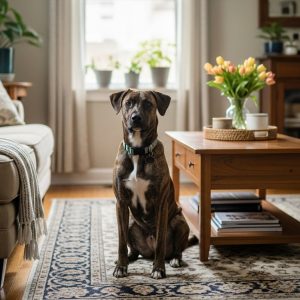 A brown cur dog with a white chest sits on a rug in a tidy living room with sofas, a wooden coffee table, and potted plants by the window.