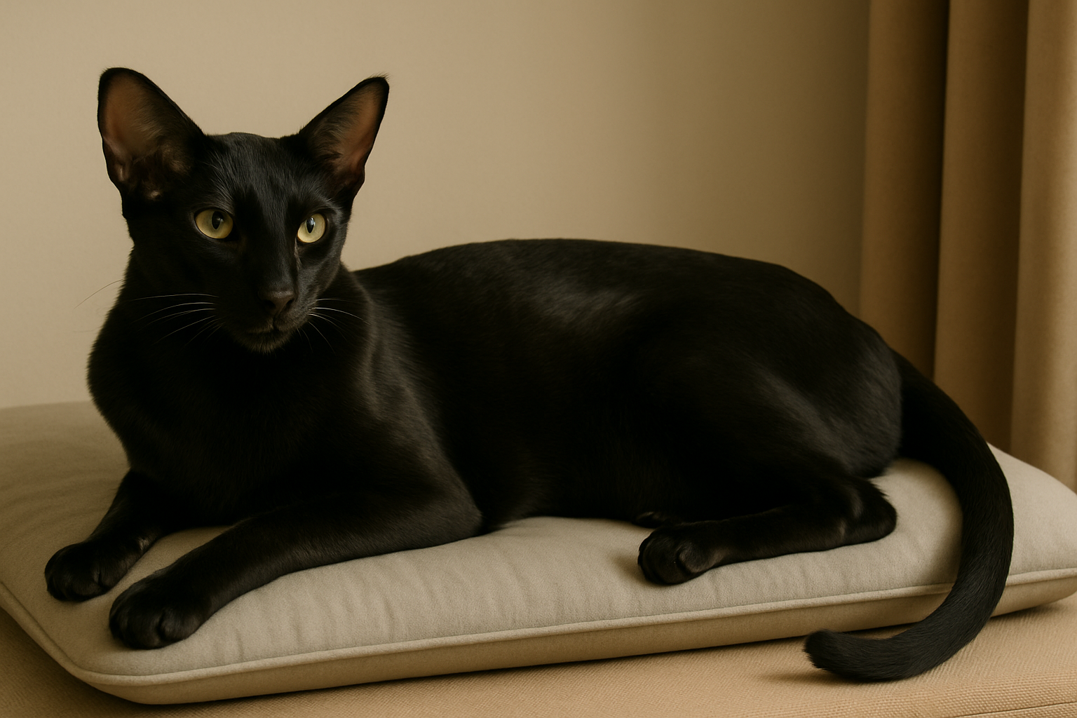 A sleek black cat, reminiscent of popular black cat breeds, with yellow-green eyes lies on a beige cushion looking alert. Neutral-toned walls and curtains are visible in the background.