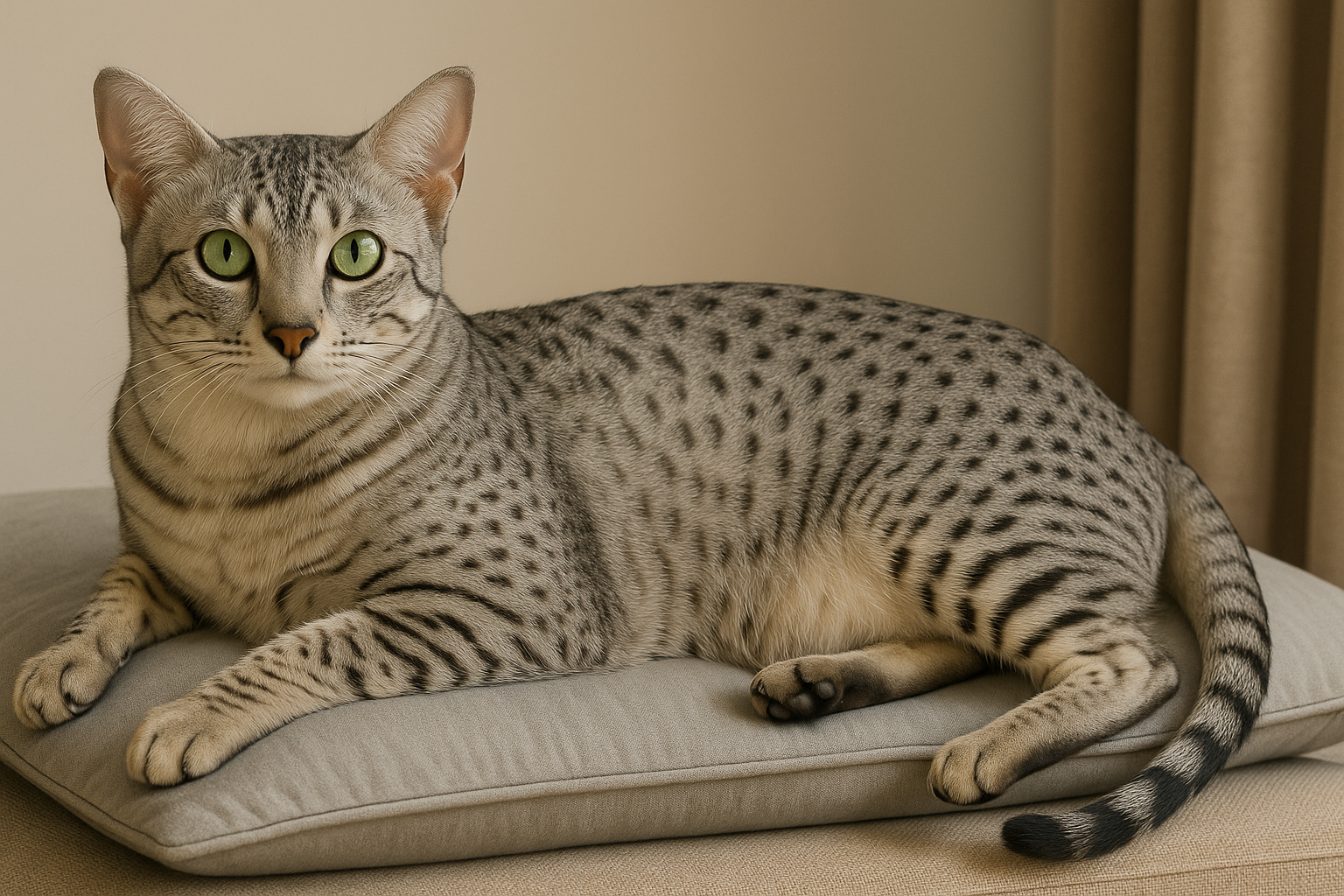 A silver-spotted cat with green eyes lies on a gray cushion near a beige curtain, highlighting the beauty found beyond popular black cat breeds.