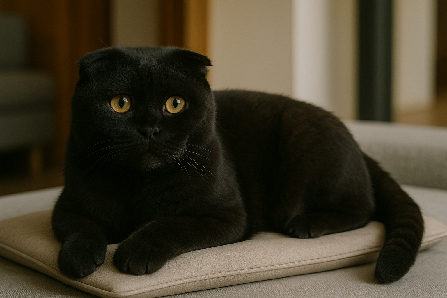 A black Scottish Fold, one of the unique black cat breeds, with striking yellow eyes is lying on a beige cushion on a sofa, looking slightly to the side.
