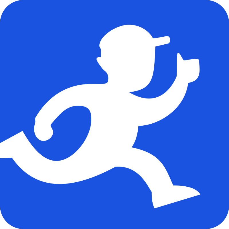 A white silhouette of a person wearing a cap and running, set against a blue background.