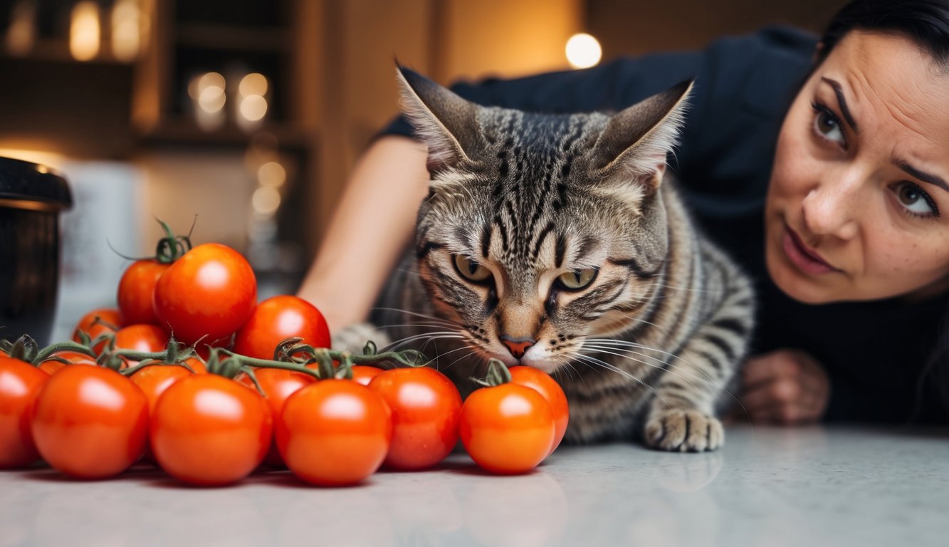 A cat hesitantly sniffs a pile of tomatoes, while a concerned owner looks on. The cat's expression shows uncertainty and caution