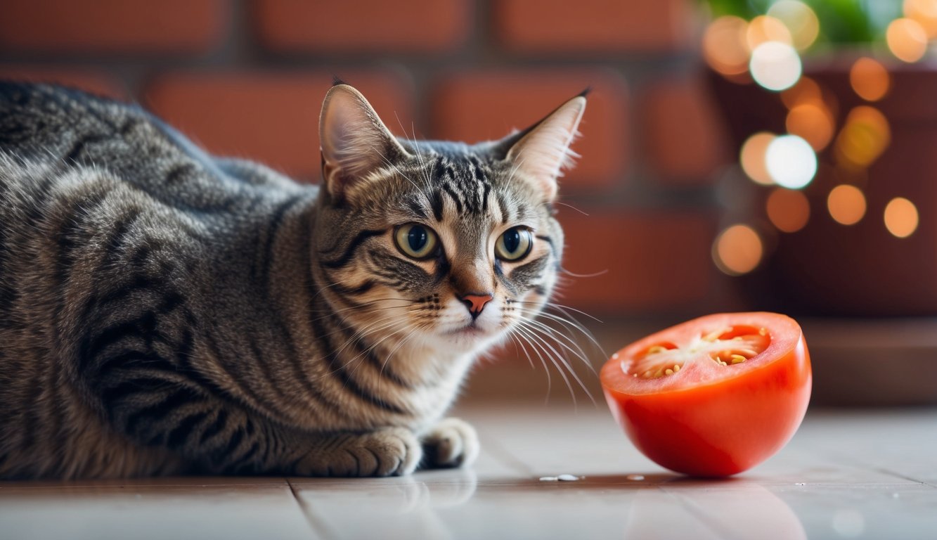 A cat sits near a spilled tomato, looking curious but cautious. The tomato is bright red and round, with seeds visible inside