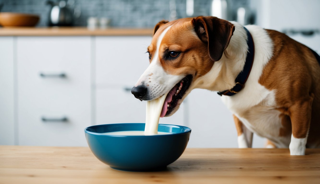 A dog lapping up milk from a bowl, with a content expression and a wagging tail