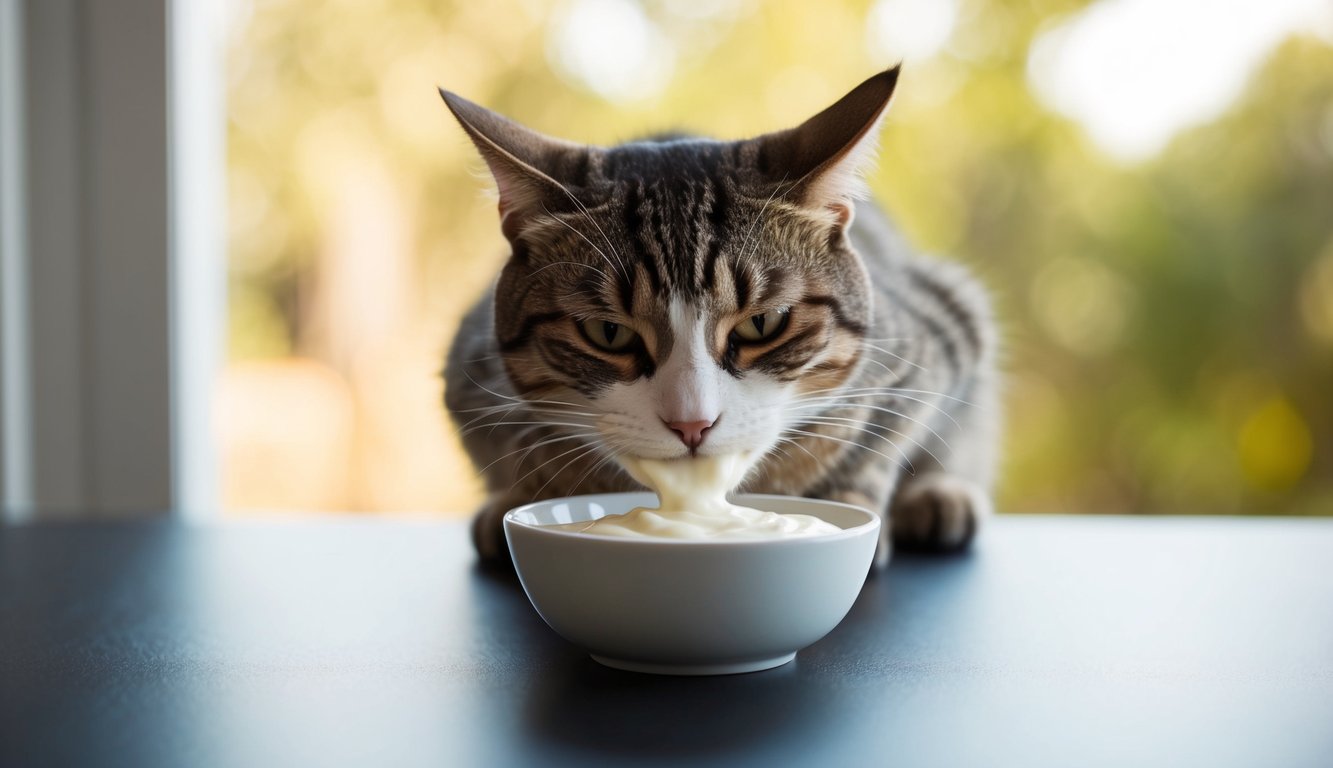 A cat happily lapping up a small bowl of yogurt, with a content expression on its face