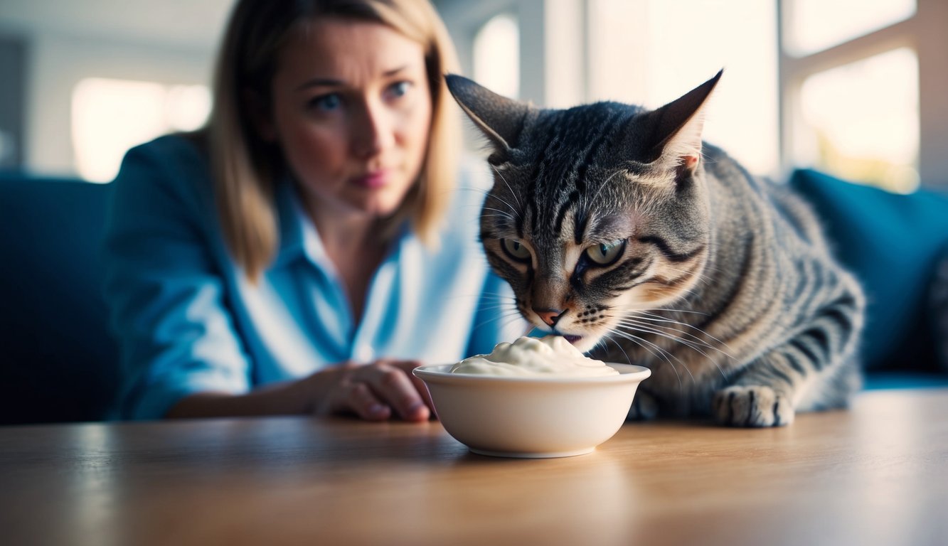 A cat cautiously sniffs a small bowl of yogurt, while a concerned owner looks on in the background