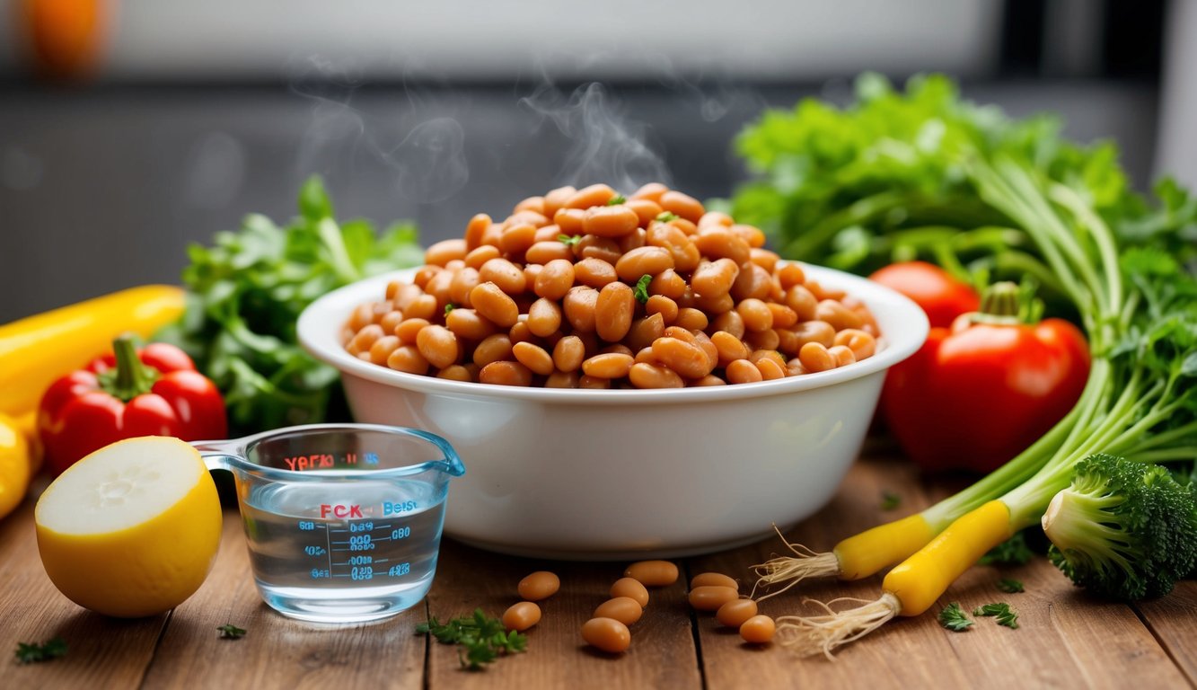 A dog bowl filled with cooked beans surrounded by fresh vegetables and a measuring cup of water