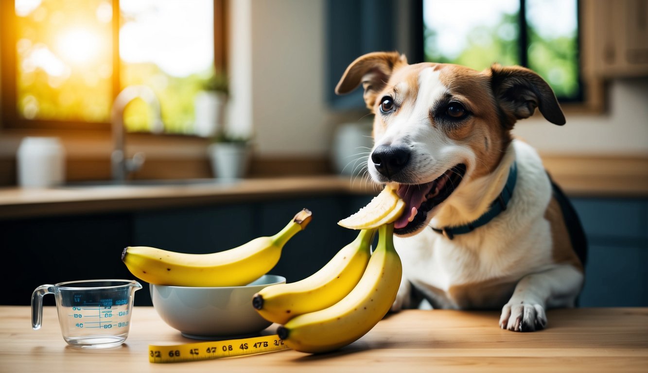 A happy dog eagerly eating a peeled banana from a bowl, with another banana and a measuring cup nearby to indicate portion sizes