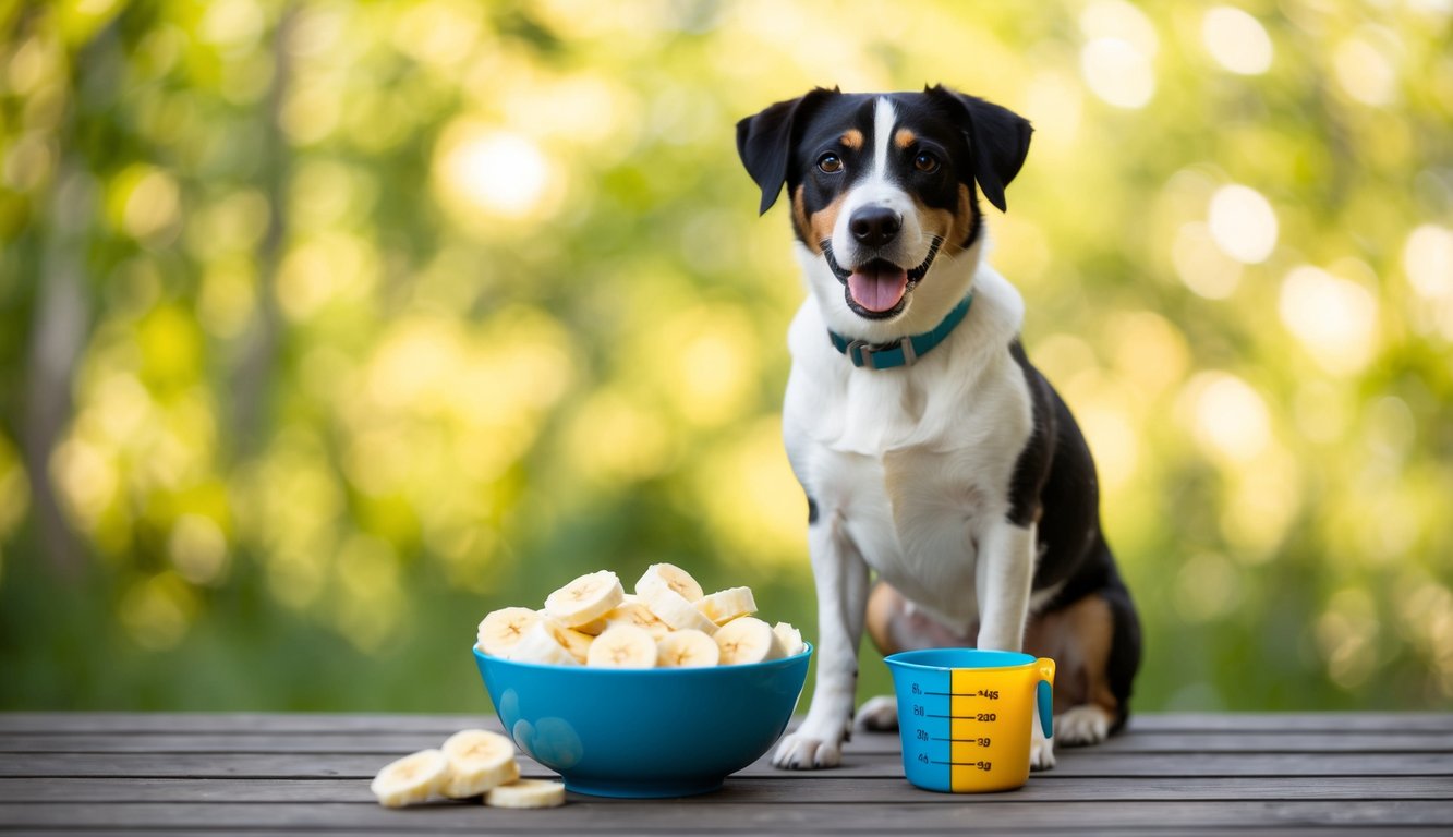 A dog sitting next to a bowl of sliced bananas, with a measuring cup nearby to indicate portion control