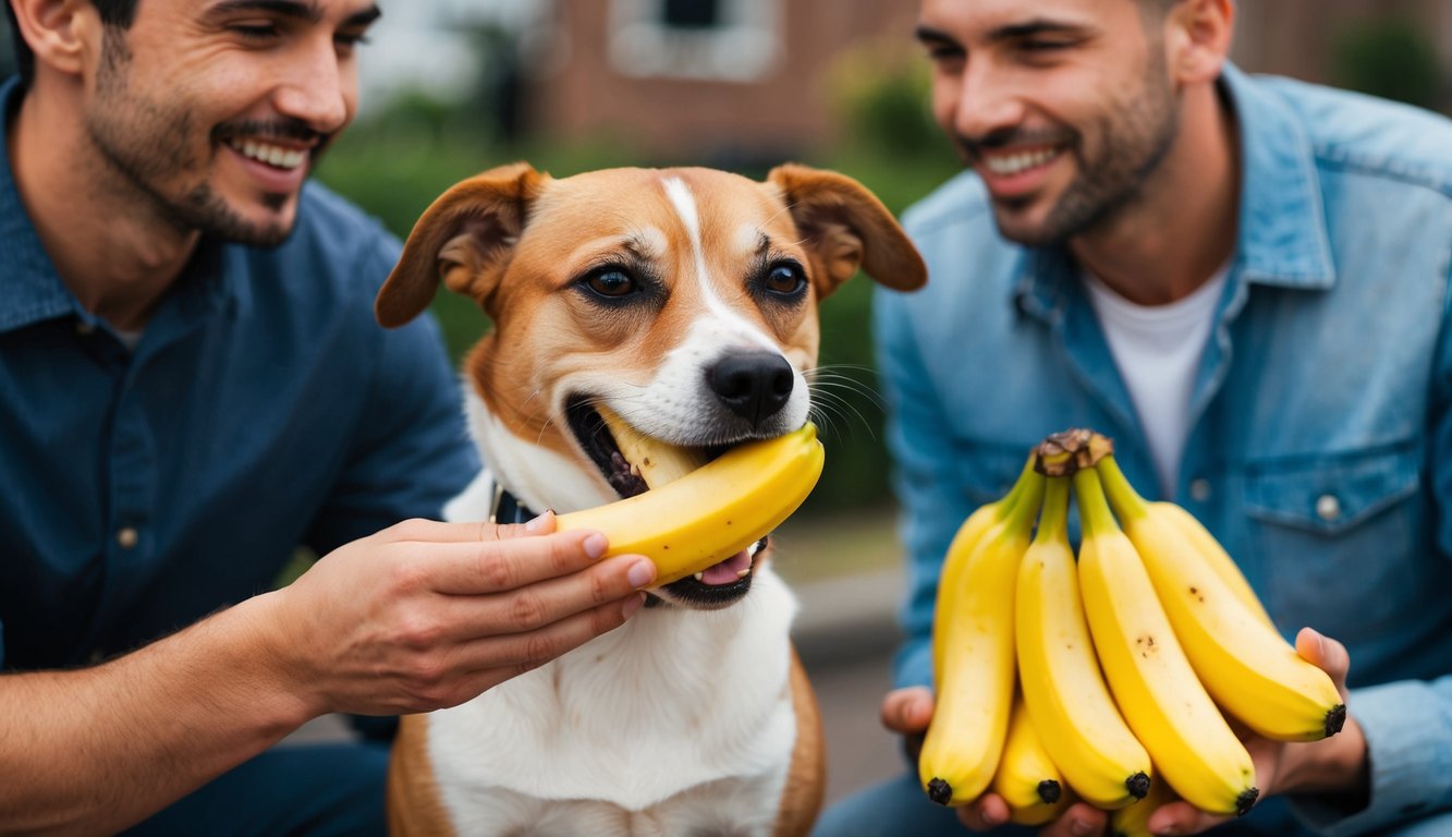 A happy dog eating a small portion of bananas while its owner looks on, holding a bunch of bananas