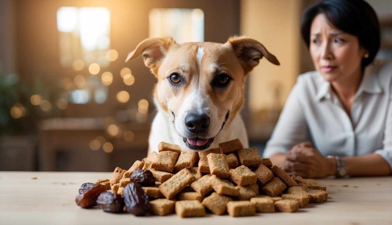 A happy dog sniffs a pile of various dog treats, including dates, while a concerned owner looks on