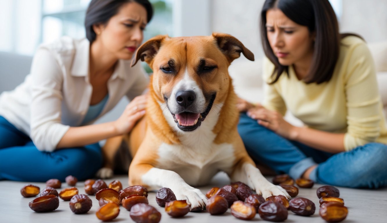 A dog surrounded by scattered dates, with a concerned owner looking on. The dog appears uncomfortable and is showing signs of distress