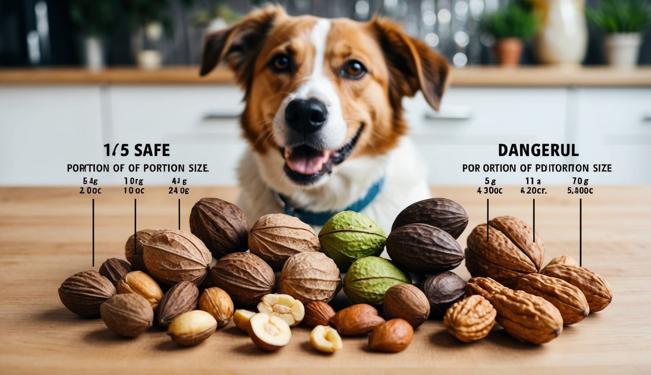 A dog surrounded by various nuts, some safe and some dangerous, with a clear indication of portion sizes for each type of nut
