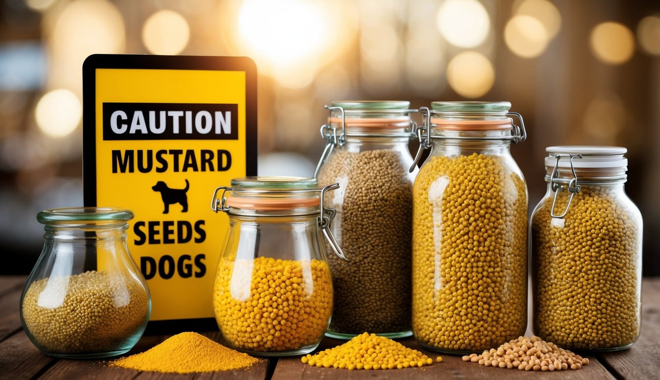 A variety of mustard seeds and jars, with a caution sign for dogs