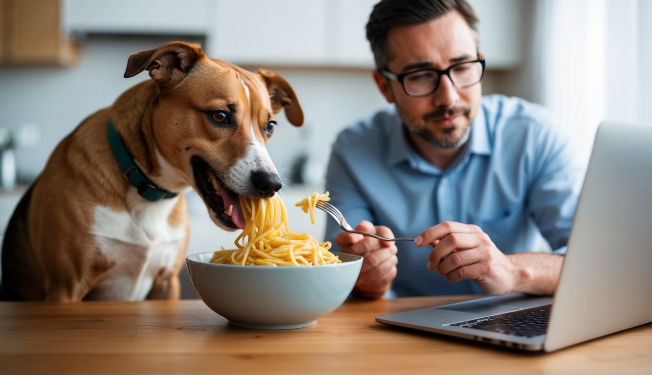 A dog eagerly eating a bowl of pasta, with a concerned owner looking on and researching potential health risks on a laptop