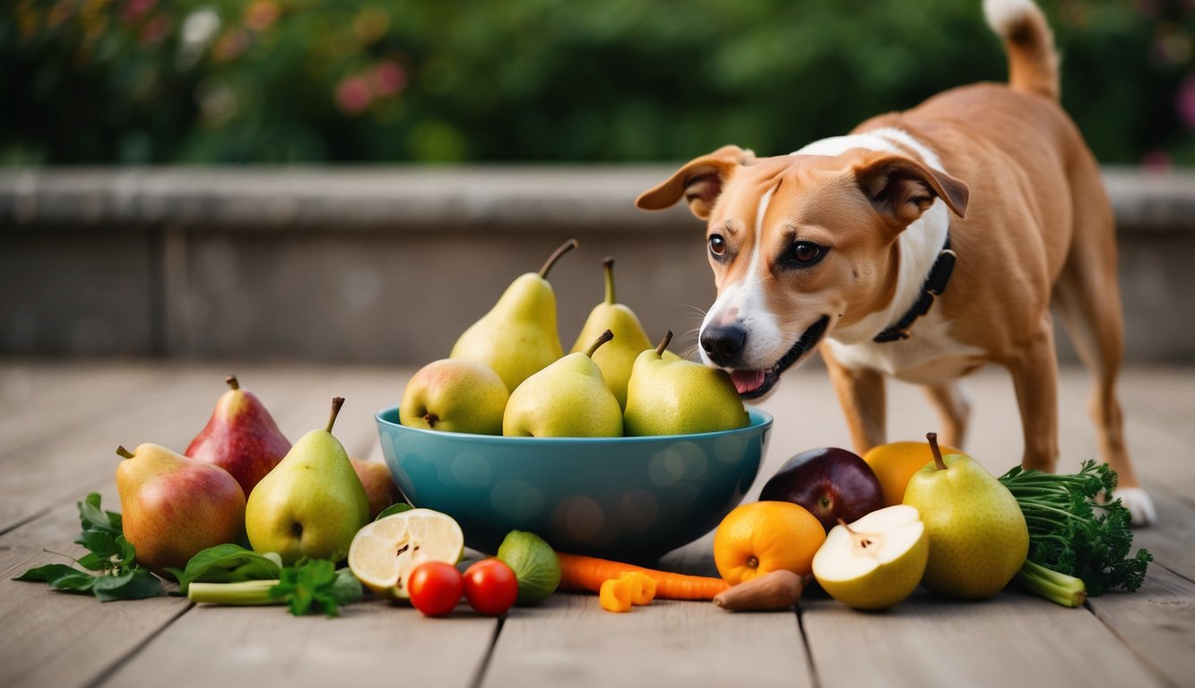A bowl of ripe pears surrounded by a variety of dog-friendly fruits and vegetables. A happy dog eagerly sniffing the pears with a wagging tail