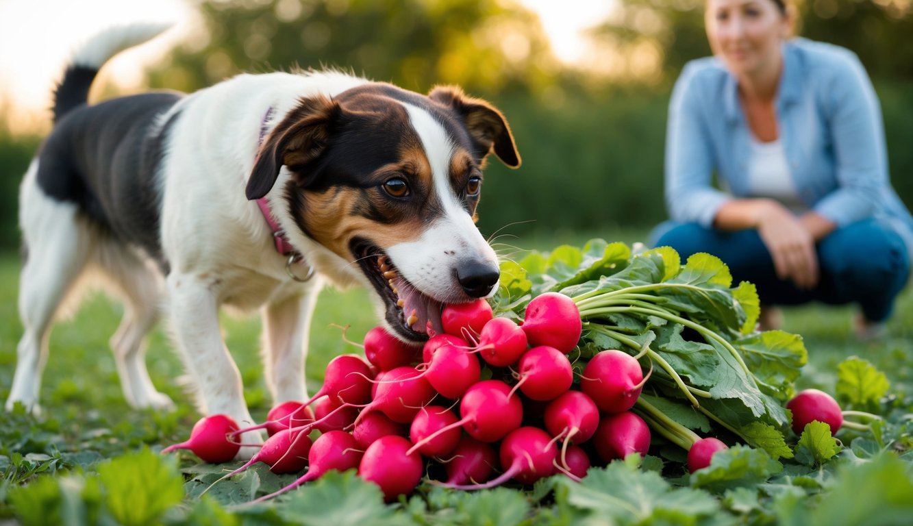 A dog eagerly munching on a pile of fresh radishes, with a concerned owner looking on in the background