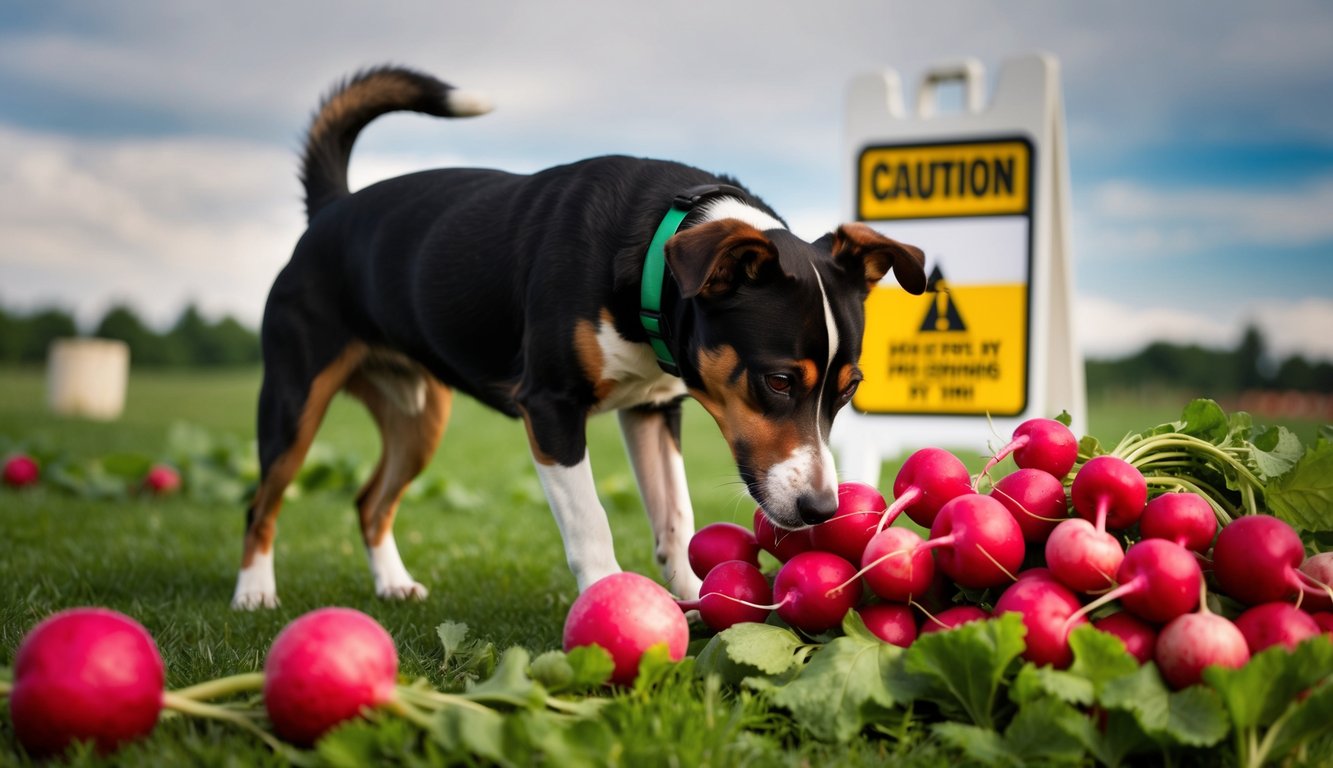A dog eagerly sniffing a pile of radishes with a caution sign nearby