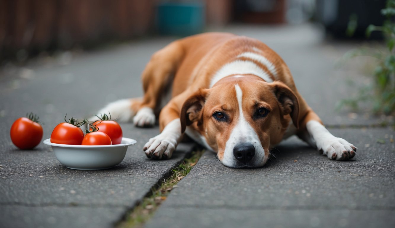 A dog lying on the ground with a knocked over bowl of tomatoes nearby, looking sick and lethargic