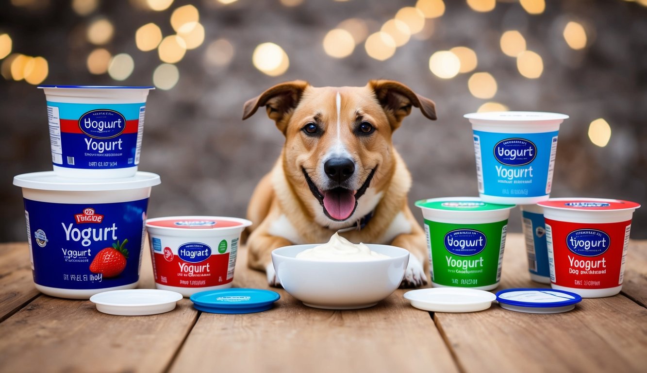 A happy dog with a bowl of yogurt, surrounded by various types of yogurt containers