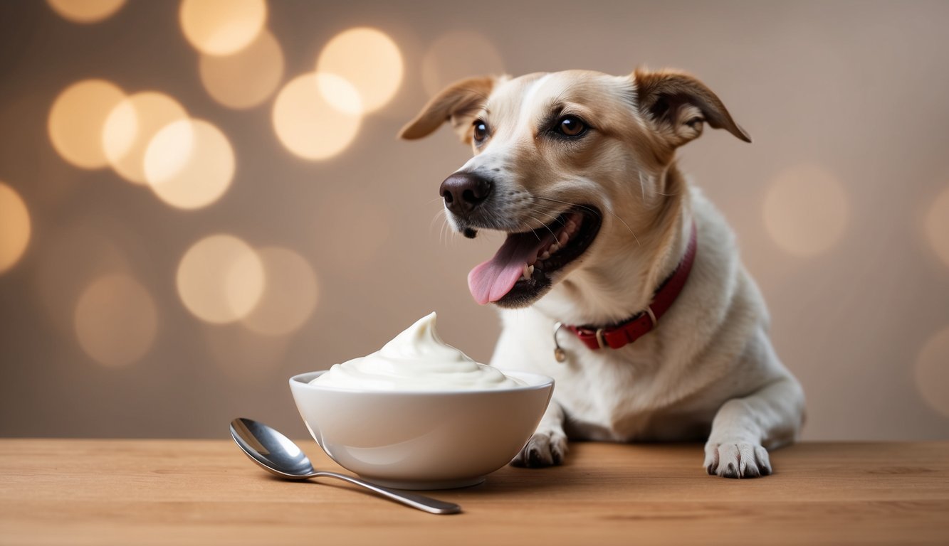 A dog enjoying a bowl of yogurt with a spoon nearby