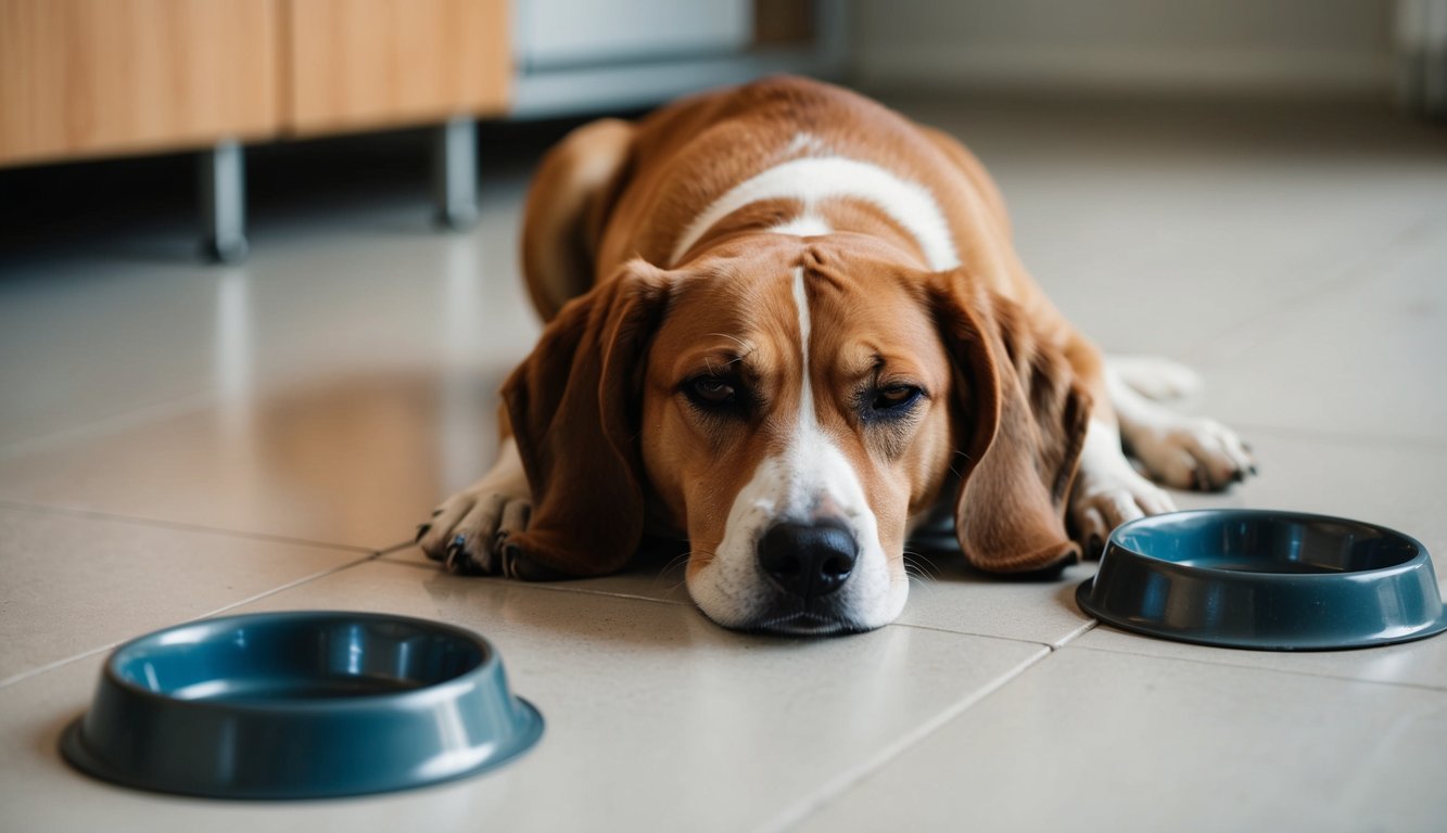 A sad-looking dog lying on the floor with droopy ears and a downcast expression, surrounded by empty food and water bowls