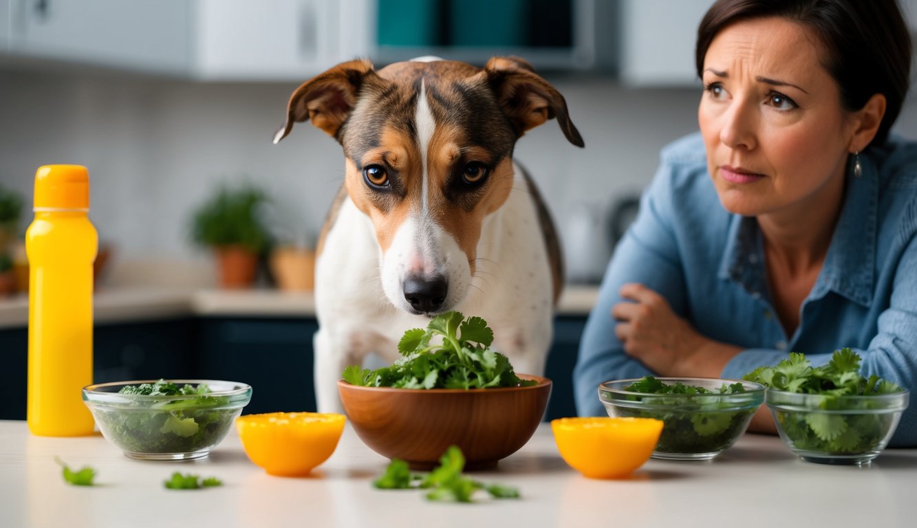 A dog sniffs a bowl of cilantro surrounded by foods to avoid, with a concerned owner looking on