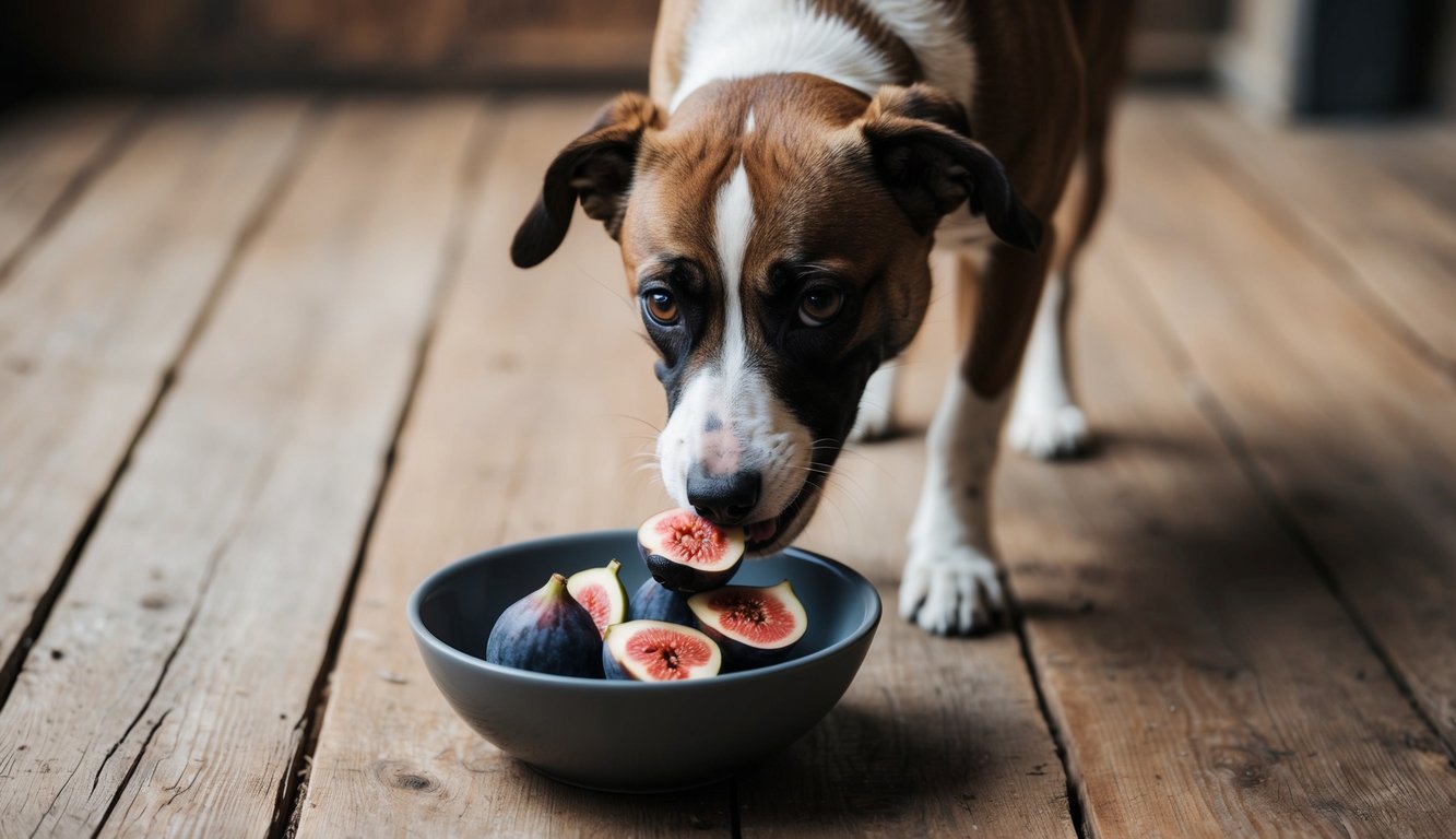 A dog eagerly eating fresh figs from a bowl on a rustic wooden floor