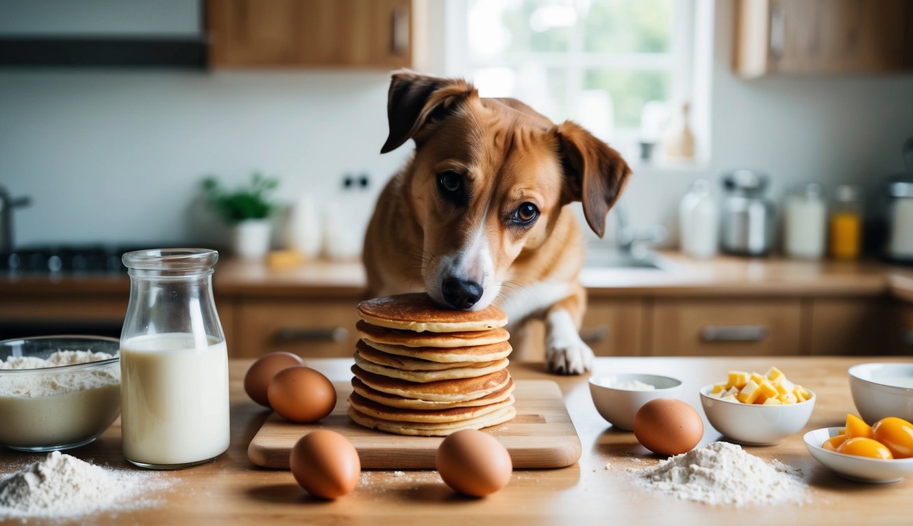 A dog eagerly sniffs a stack of pancakes, while ingredients like flour, eggs, and milk are spread out on the kitchen counter