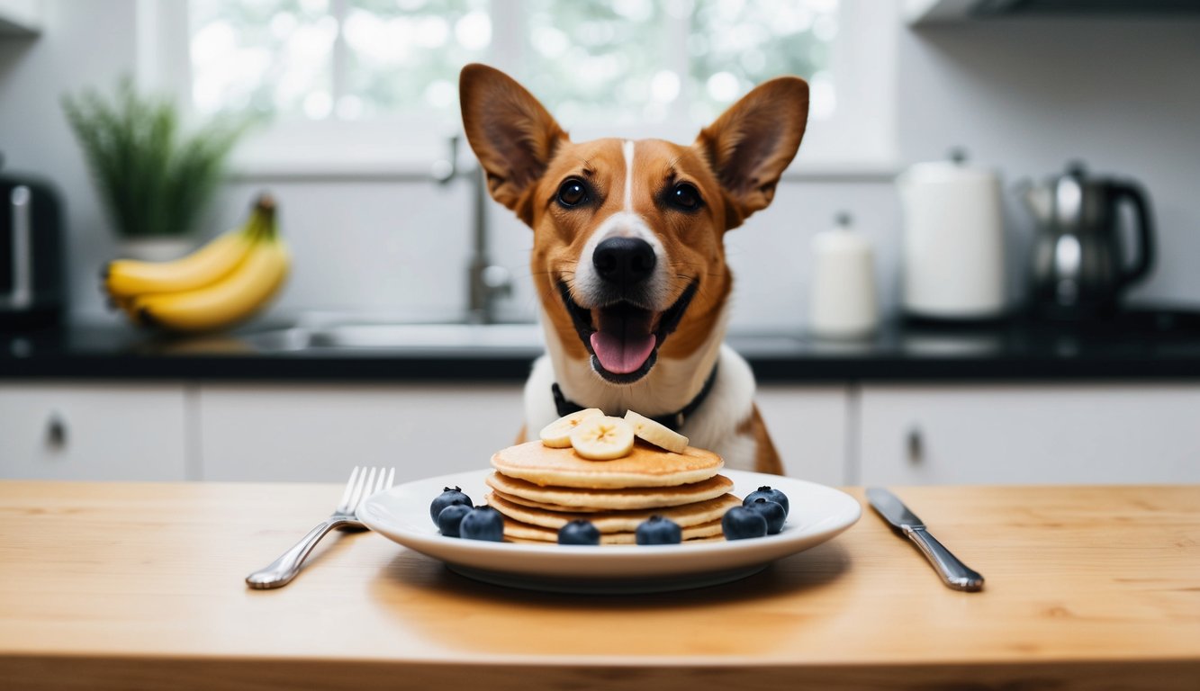 A happy dog with a wagging tail sits in front of a plate of plain pancakes topped with safe ingredients like blueberries and bananas