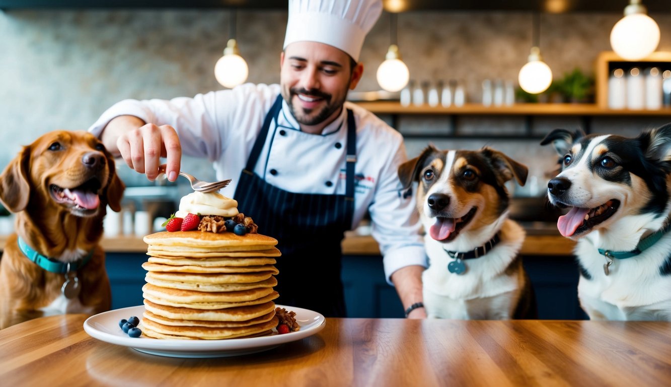 A dog-friendly cafe with a chef serving a stack of pancakes topped with dog-friendly ingredients to a group of excited dogs