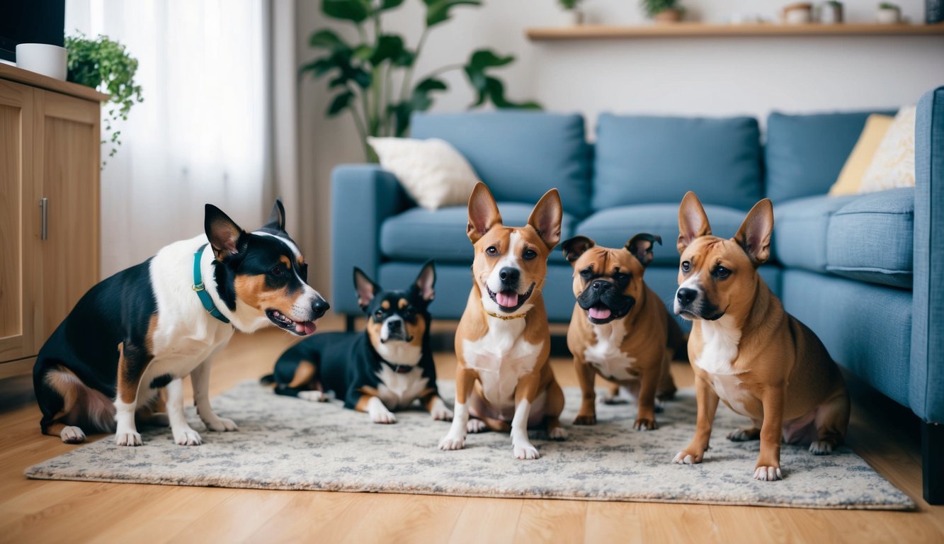A variety of dog breeds exhibiting signs of separation anxiety, such as pacing, whining, and destructive behavior in a home environment