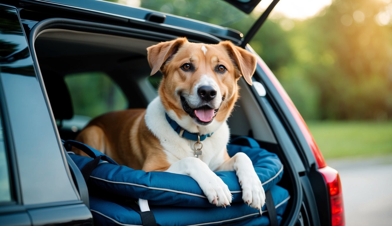 An older dog of a specific breed is being carefully transported in a comfortable and secure manner, with consideration given to their health predispositions